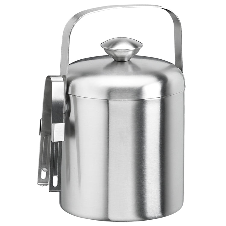 Brushed Stainless Steel | 1.5quart ice bucket with attached side holder containing ice tongs, displayed on a white background.