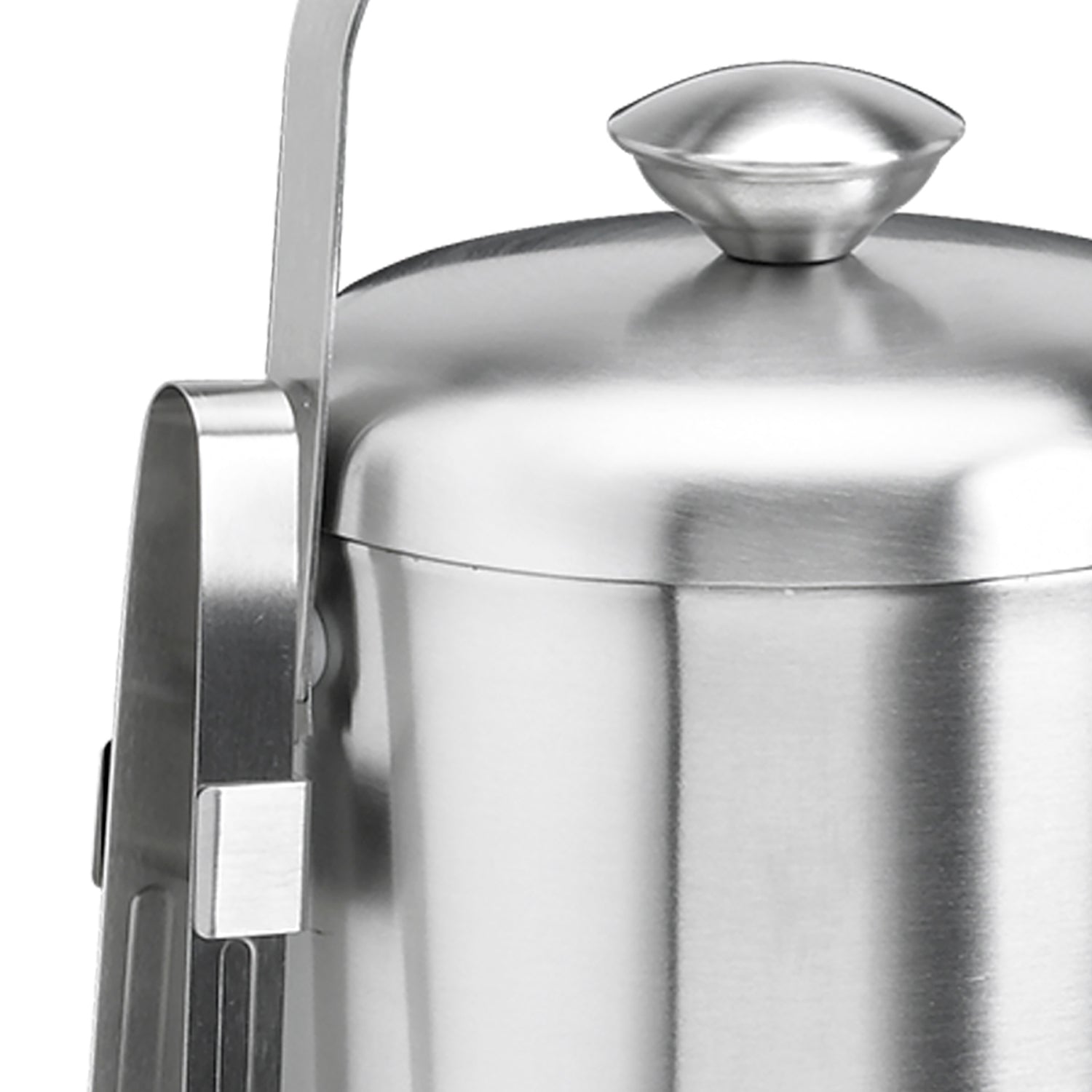 Brushed Stainless Steel | Detail view of the ice bucket featuring a built-in ice tong holder and matching stainless-steel tongs.