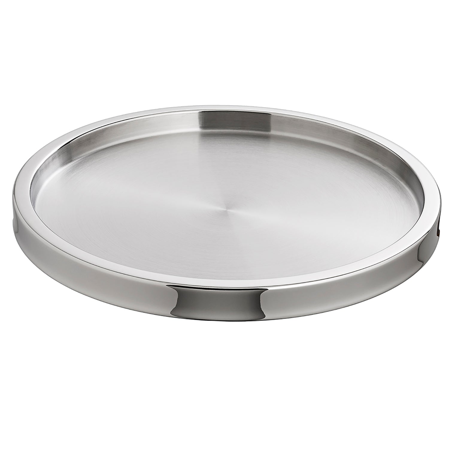 Brushed / Polished Stainless Steel | Two-tone round serving tray on a white background.