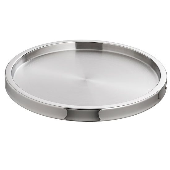 Brushed / Polished Stainless Steel | Two-tone round serving tray on a white background.