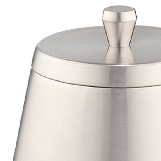 Brushed Stainless Steel | Modern 1.6qt Orb ice bucket with lid on a white backdrop.