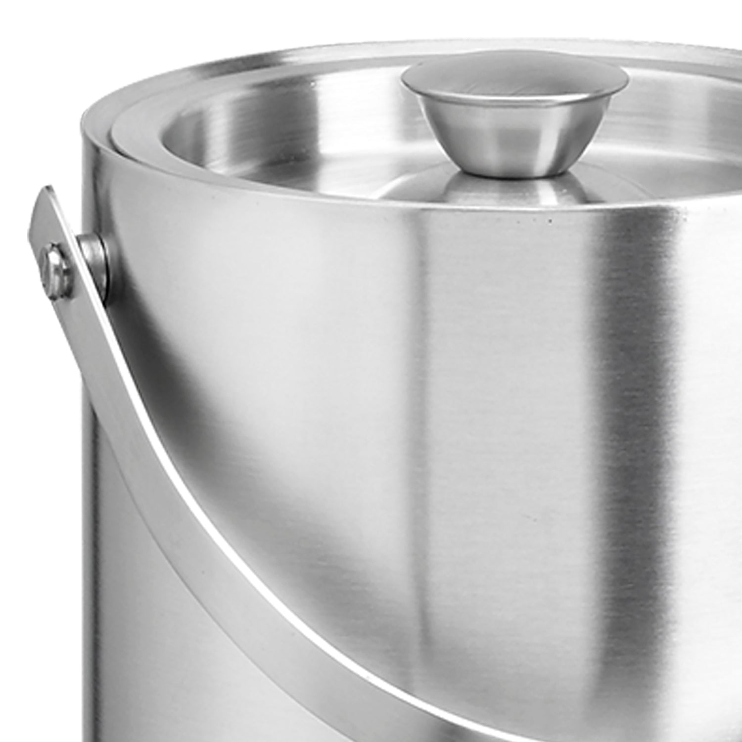 Brushed Stainless Steel | Up-close view of a compact 1.5QT ice bucket with a brushed finish, shown on white.