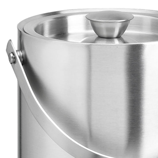 Brushed Stainless Steel | Up-close view of a compact 1.5QT ice bucket with a brushed finish, shown on white.