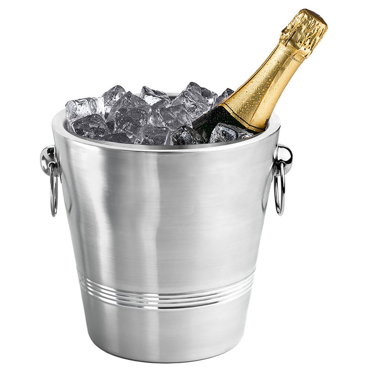 Brushed Stainless Steel | Single wall champagne bucket filled with ice and a champagne bottle on a white background.