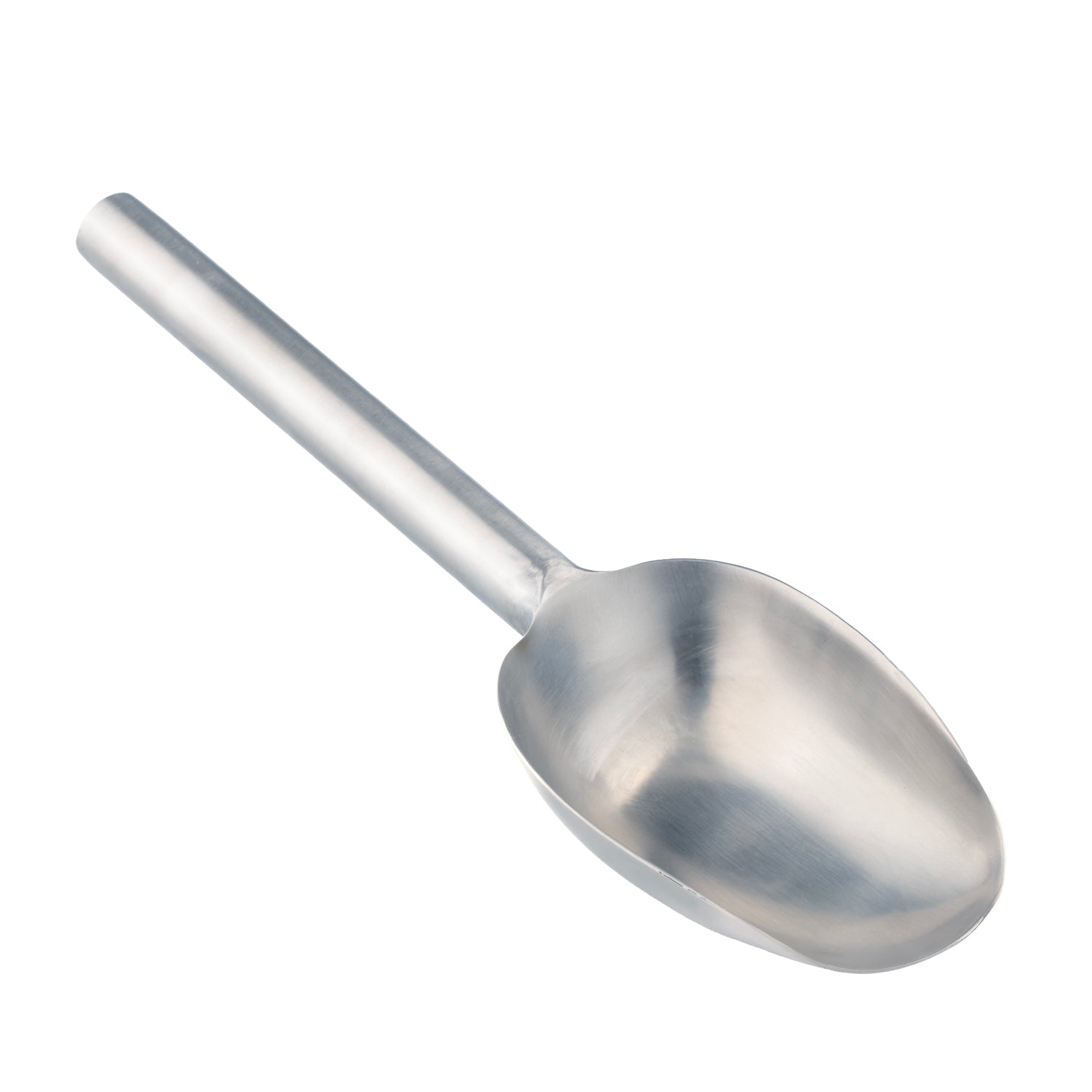 Stainless Steel | Ice scoop positioned on a white surface.