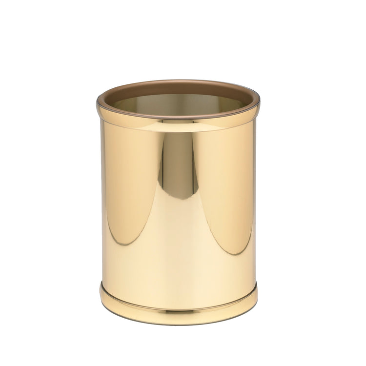 Polished Gold | Modern 8qt round bathroom wastebasket with shiny gold bumpers.