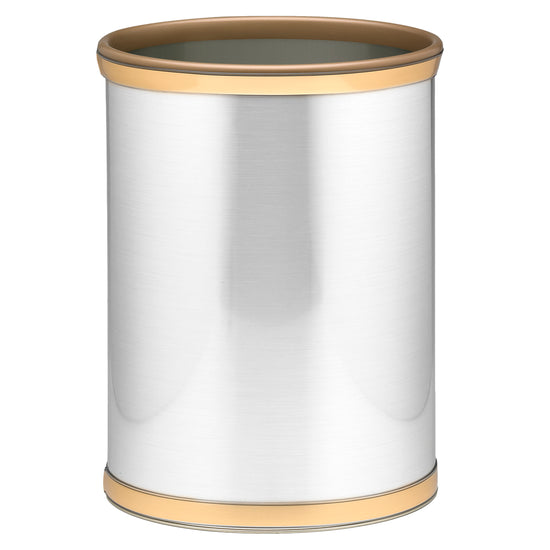 Brushed Chrome & Gold | cylindrical container with gold accents on a white background