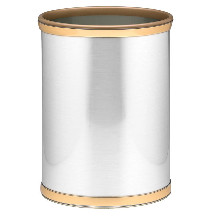 Brushed Chrome & Gold | cylindrical container with gold accents on a white background