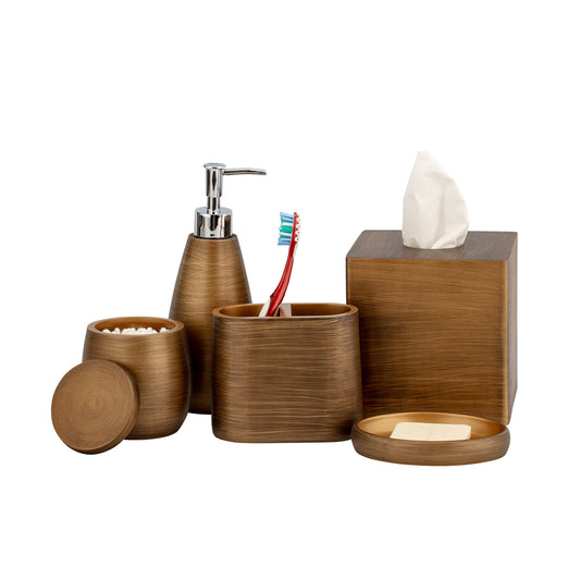 Gold | Brush stroke metallic five-piece bathroom accessory set.