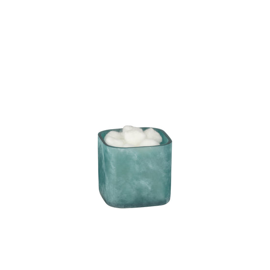 Turquoise | A small square cotton ball jar with rounded corners, filled with white wax, shown against a plain white background.