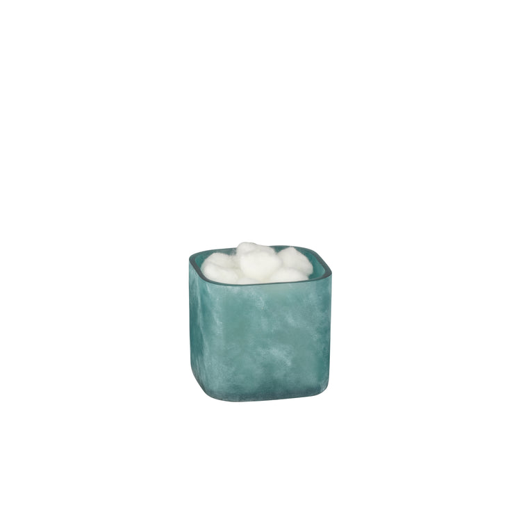 Turquoise | A small square cotton ball jar with rounded corners, filled with white wax, shown against a plain white background.