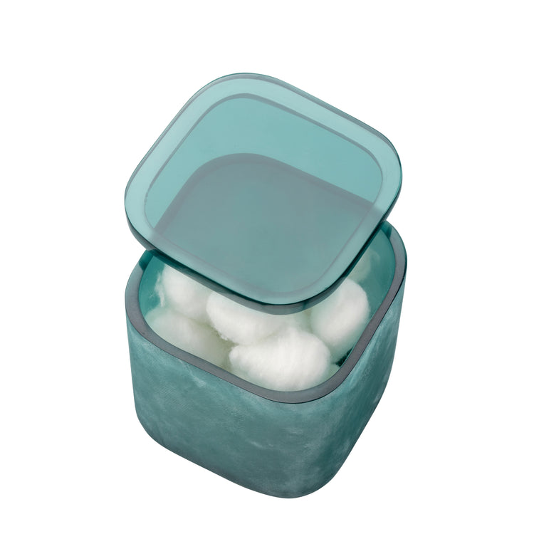 Turquoise | A square teal plastic storage container with a matching translucent lid, shown open and filled with white cotton balls on a plain white background.