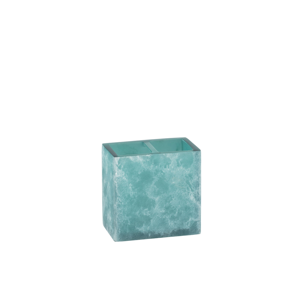 Turquoise | A square resin toothbrush holder with a marbled aqua and teal pattern, shown on a plain white background.