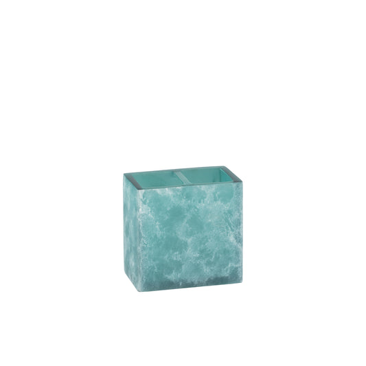 Turquoise | A square resin toothbrush holder with a marbled aqua and teal pattern, shown on a plain white background.
