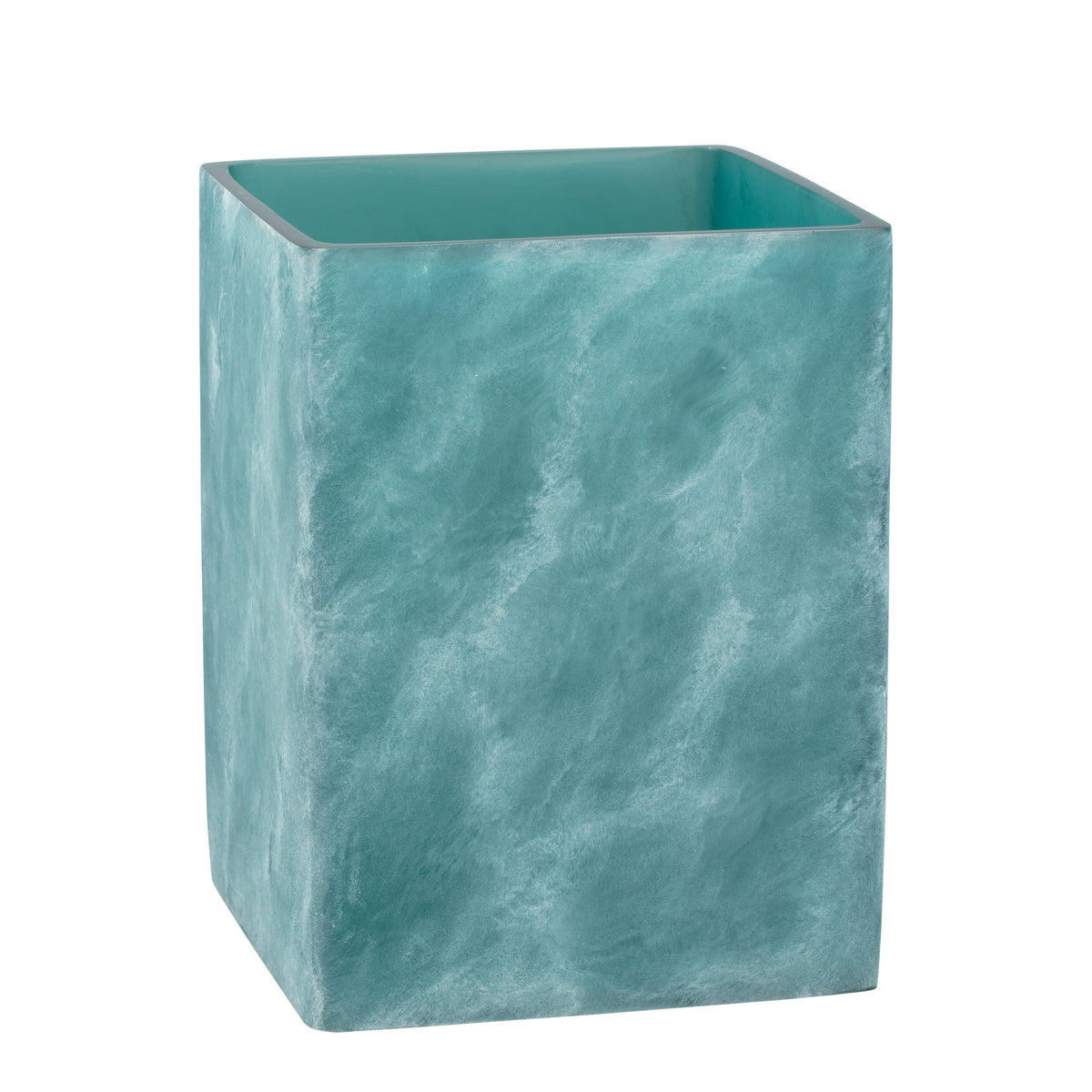 Turquoise | Square wastebasket with ocean wave design on a white background.