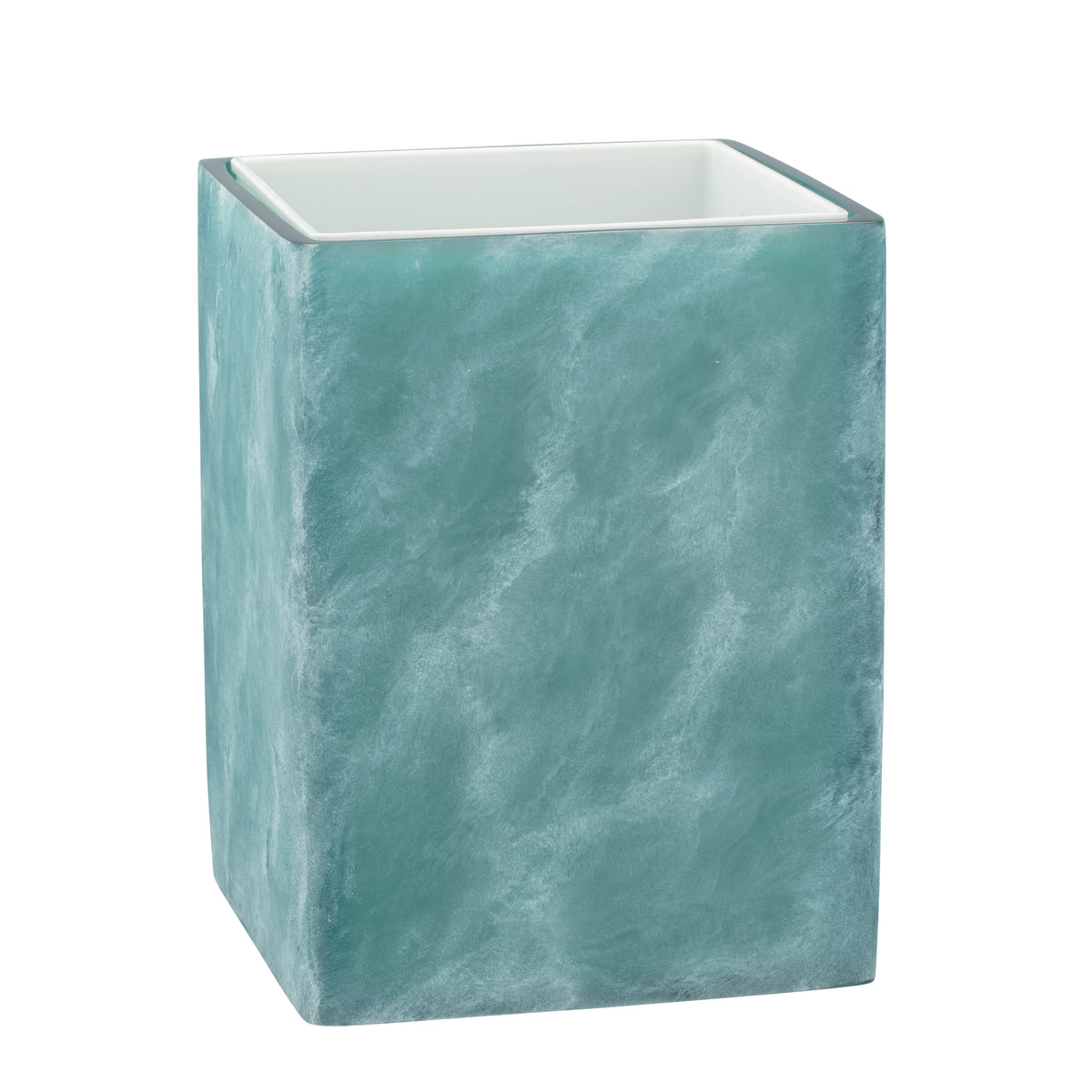 Turquoise | Square wastebasket with a white liner inserted on a white surface.