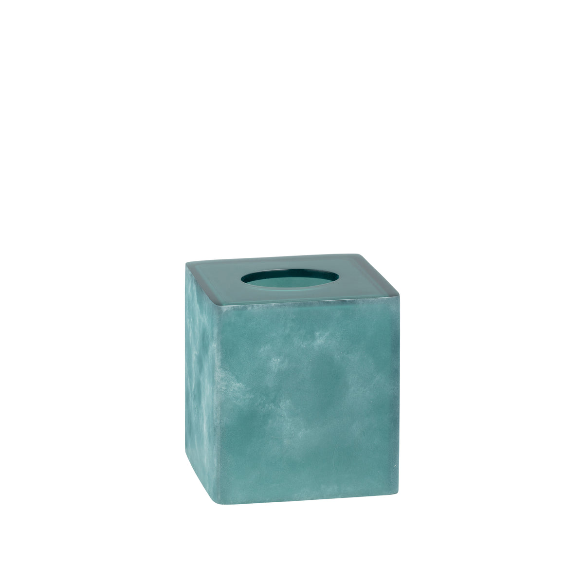 Turquoise | Square tissue box cover with no tissues on a white surface.