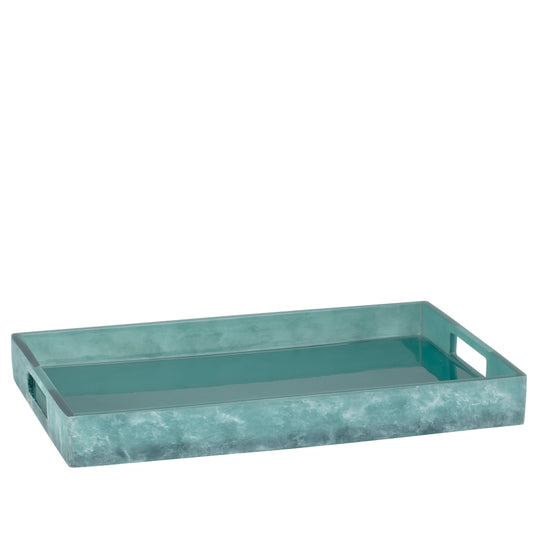 Turquoise | A rectangular resin serving tray with a marbled teal and turquoise pattern, featuring integrated side handles, shown on a plain white background.