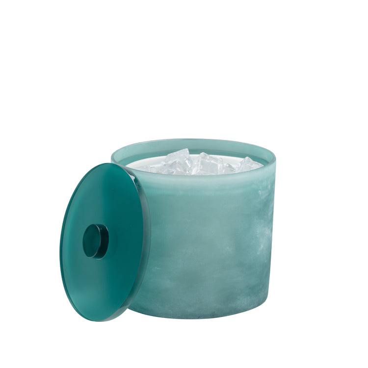 Turquoise | ice bucket filled with ice cubes and the cover off to the side on a white background.