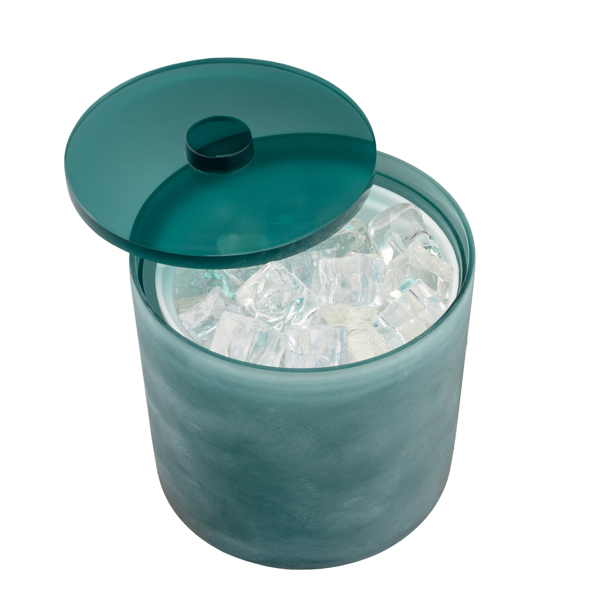Turquoise | A frosted teal glass ice bucket filled with clear ice cubes, with its matching translucent teal lid propped open on a white background.