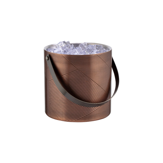 Oil Rubbed Bronze & Charcoal | 3qt ice bucket by Taniya Nayak with the cover off and arch handle down.