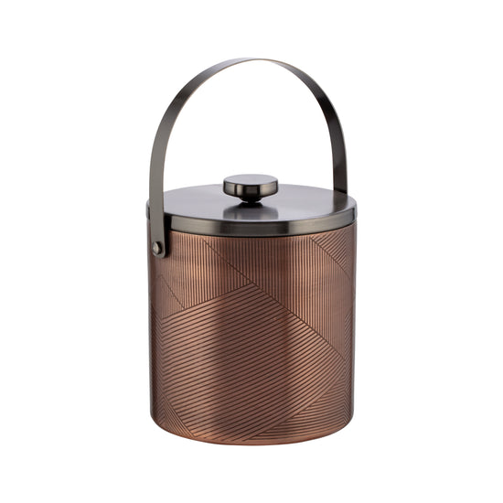 Oil Rubbed Bronze & Charcoal | 3qt Taniya Nayak ice bucket front view with the cover on and arch handle up.