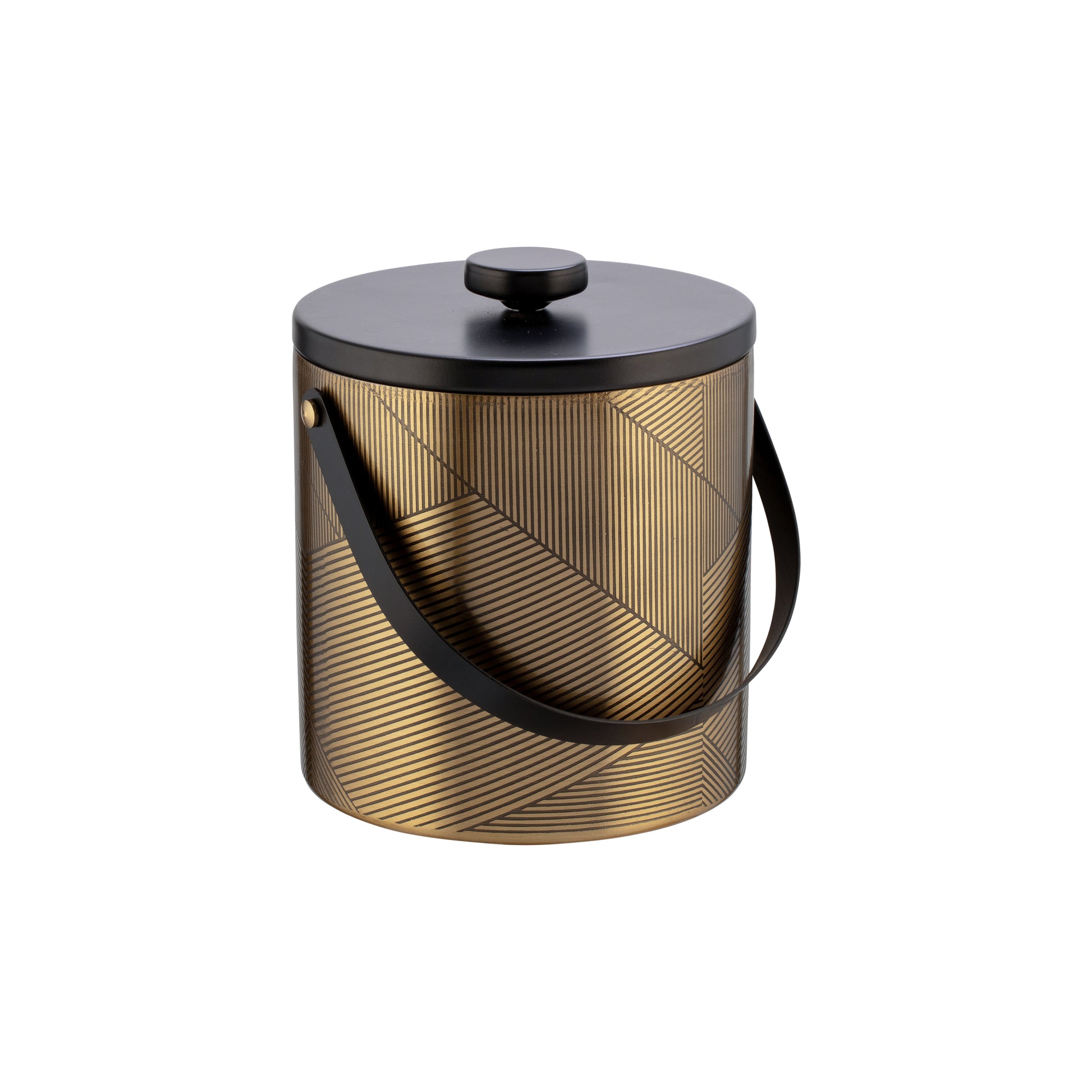Gold & Black | Chevron design Taniya Nayak ice bucket with lid on and arch handle down.