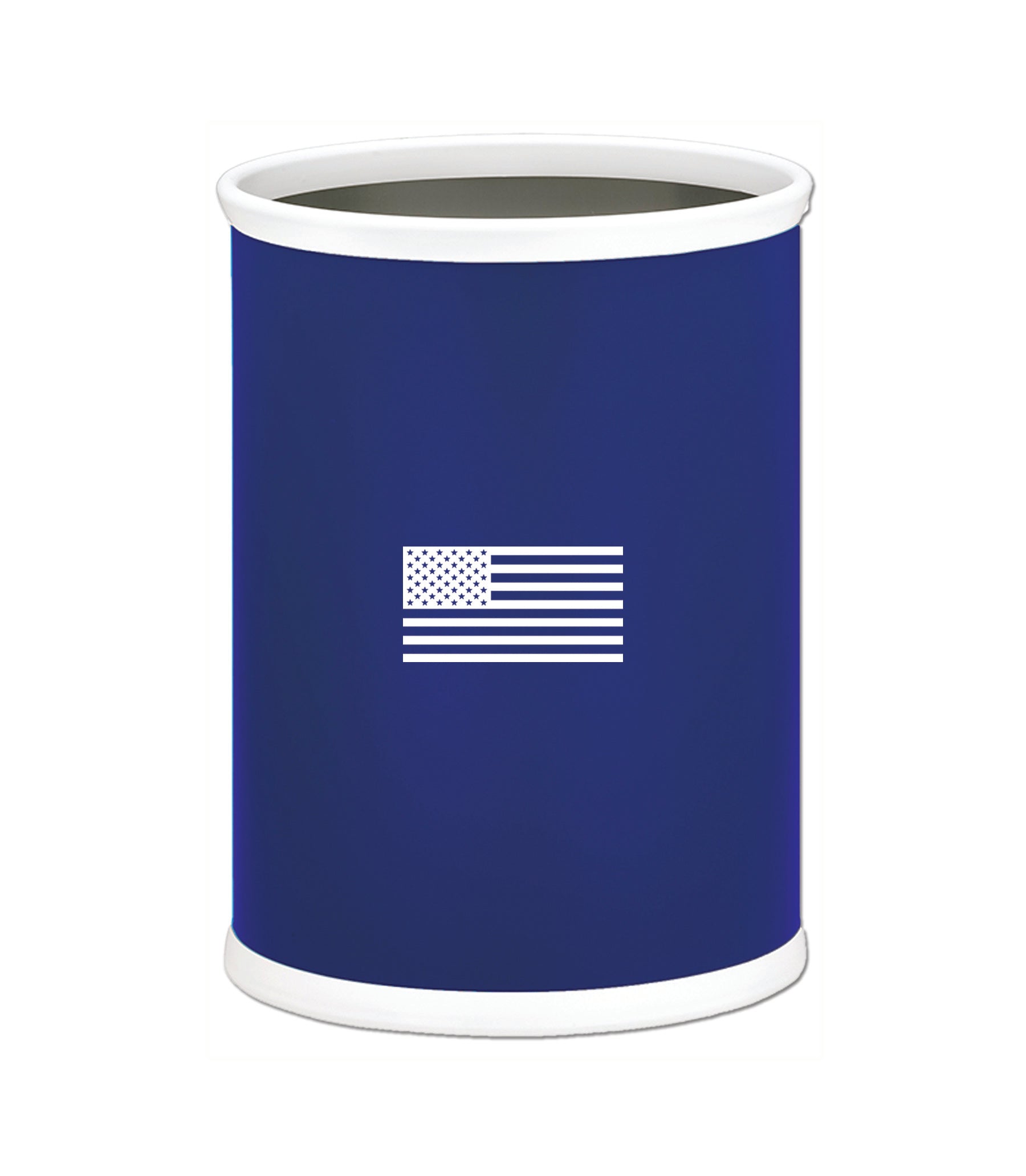Royal Blue | Oval-shaped 13QT wastebasket featuring a bold American flag graphic, shown against a plain white backdrop.