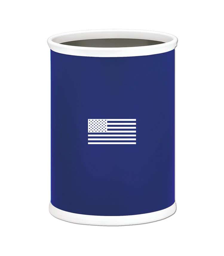 Royal Blue | Oval-shaped 13QT wastebasket featuring a bold American flag graphic, shown against a plain white backdrop.