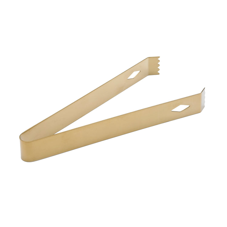 Gold | Angled view of the gold ice tongs used for picking up ice cubes.