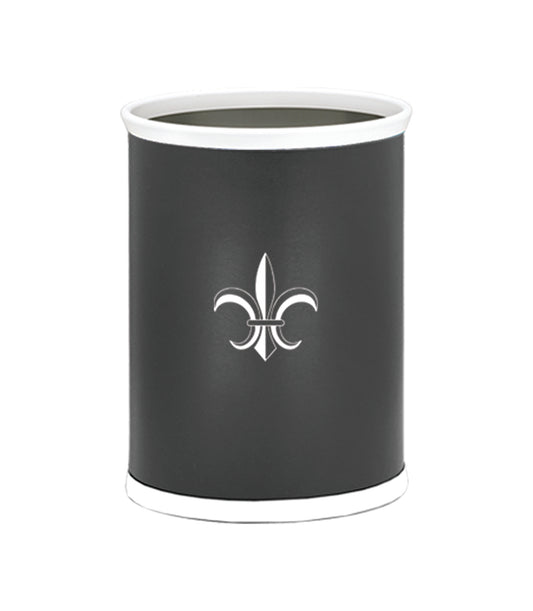Black | Leatherette-wrapped 13qt oval wastebasket with a centered white fleur-de-lis decal, adding a touch of classic elegance to a traditional or French-inspired space.