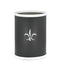 Black | Leatherette-wrapped 13qt oval wastebasket with a centered white fleur-de-lis decal, adding a touch of classic elegance to a traditional or French-inspired space.