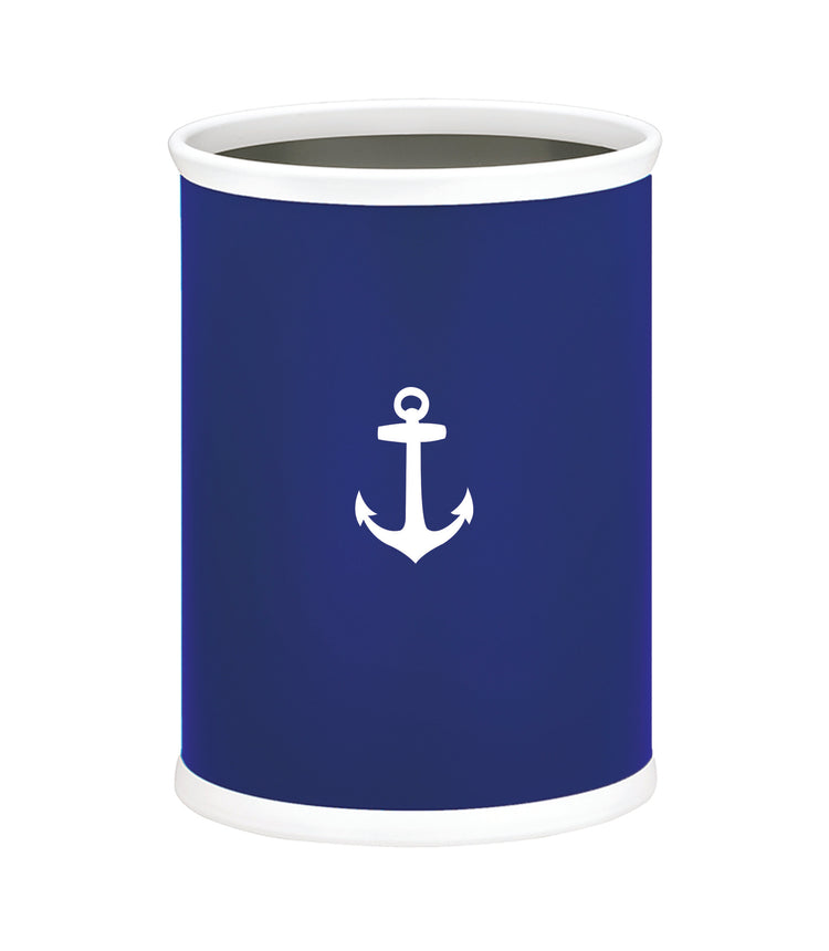 Royal Blue | Leatherette wrapped 13qt oval wastebasket featuring a white anchor decal centered on the front, placed on a white background.