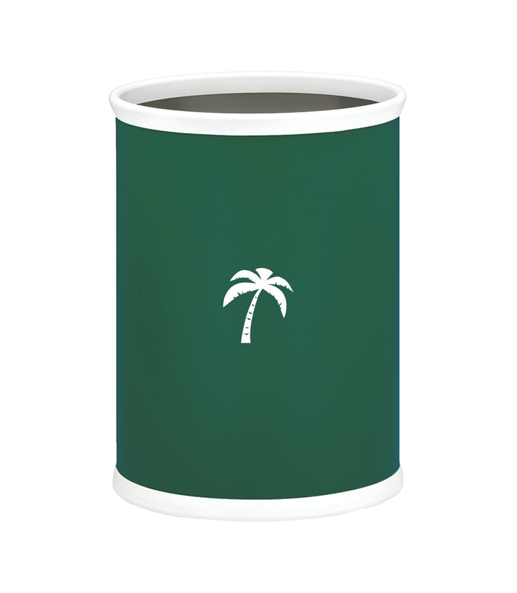 Tropic Green | Leatherette-wrapped 13qt oval wastebasket with a centered white palm tree decal, adding a tropical touch to a beach-themed room.