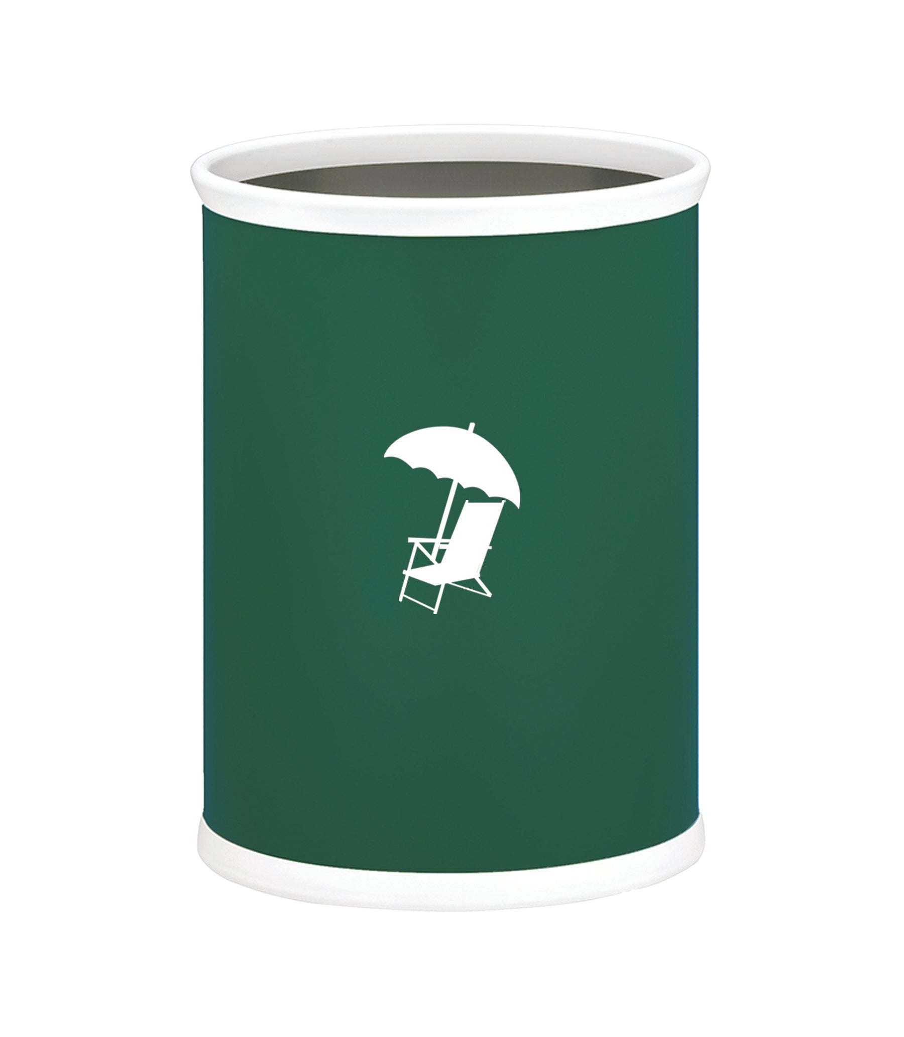 Tropic Green | Oval wastebasket with smooth leatherette finish and white beach chair design in the center.