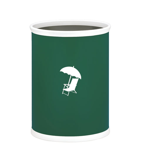 Tropic Green | Oval wastebasket with smooth leatherette finish and white beach chair design in the center.