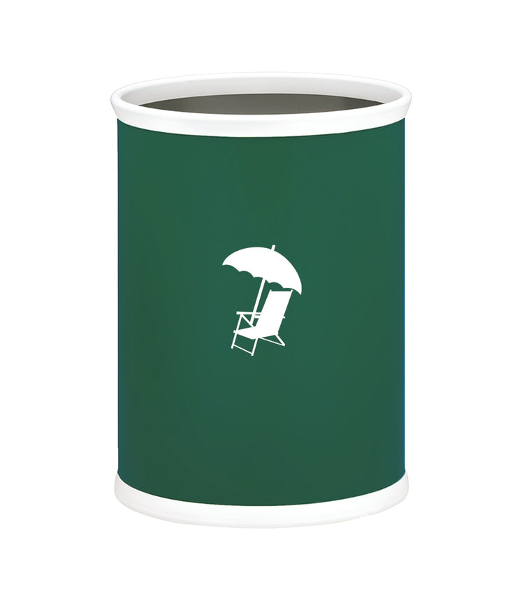 Tropic Green | Oval wastebasket with smooth leatherette finish and white beach chair design in the center.