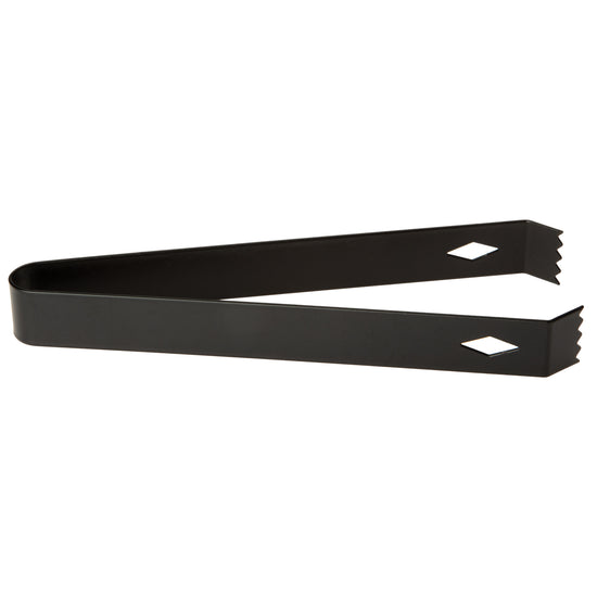 Black | Metal ice tong lying flat on a white background.
