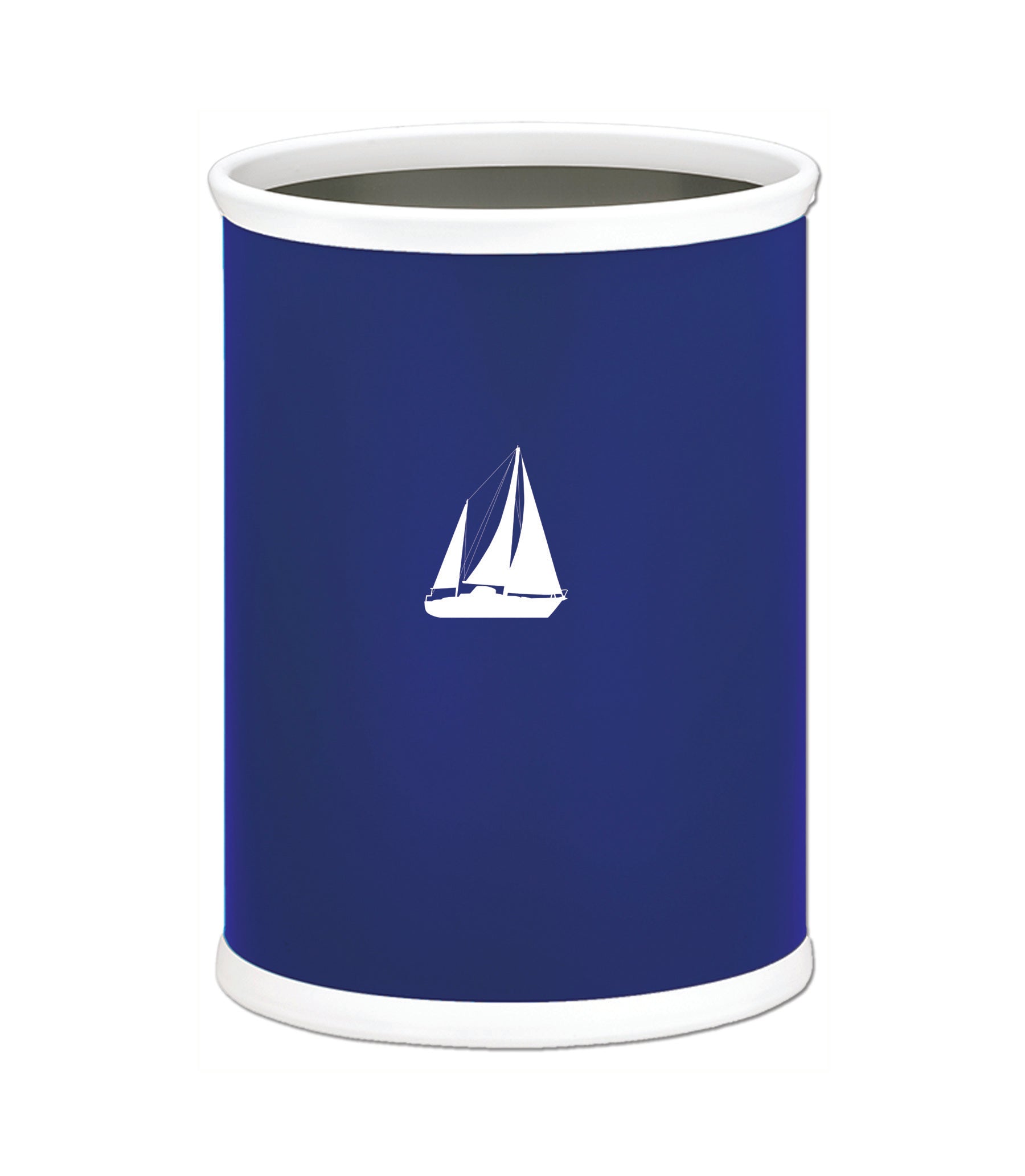Royal Blue | 13-quart oval wastebasket with a white sailboat decal, displayed on a plain white background.