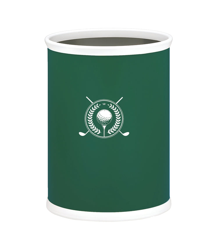 Tropic Green | Leatherette-wrapped 13qt oval wastebasket featuring a white golf ball and two crossed clubs' decal, perfect for a golf-themed office or game room.