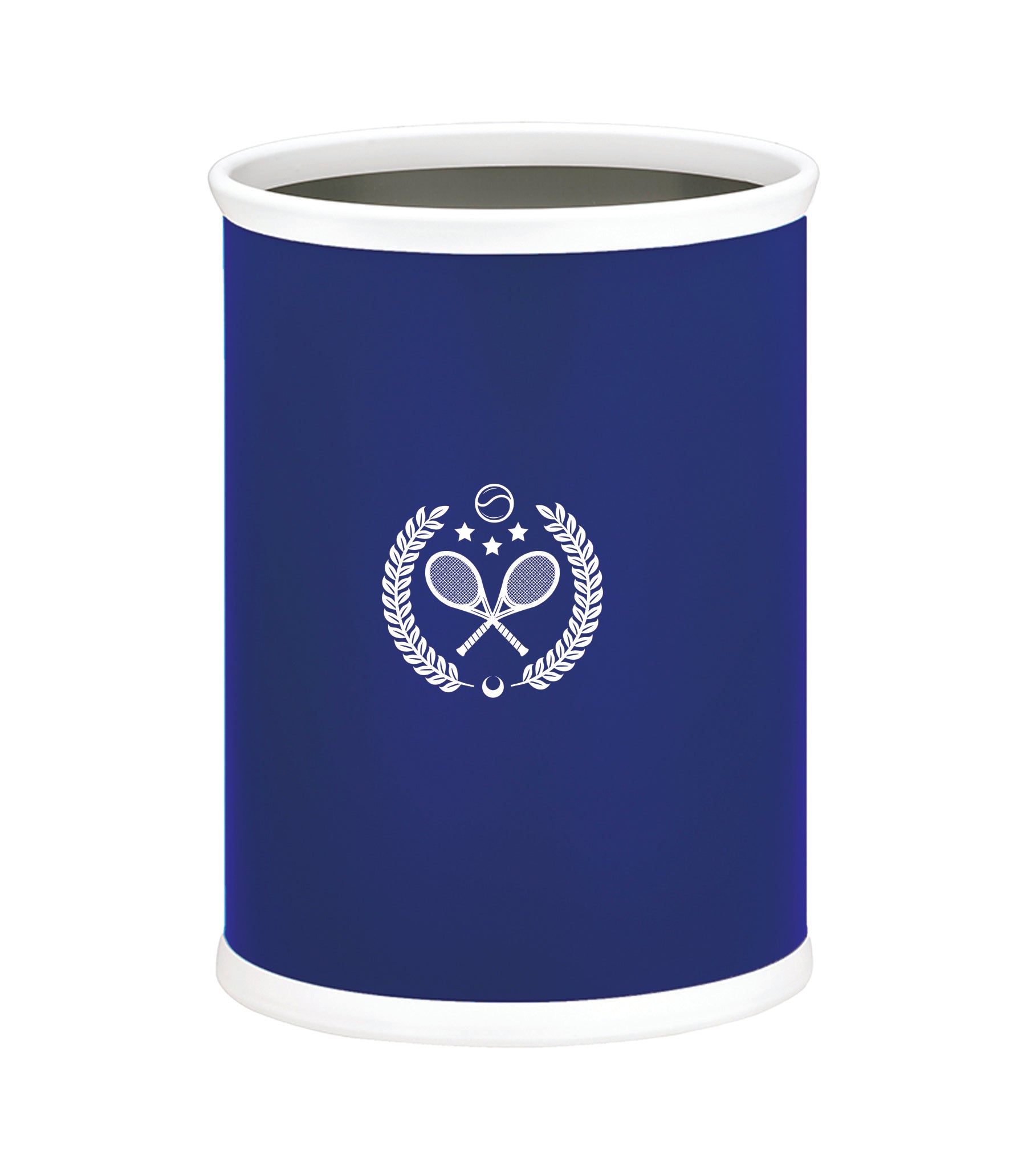 Royal Blue | 13-quart oval wastebasket with crossed tennis rackets decal, shown on a white background.