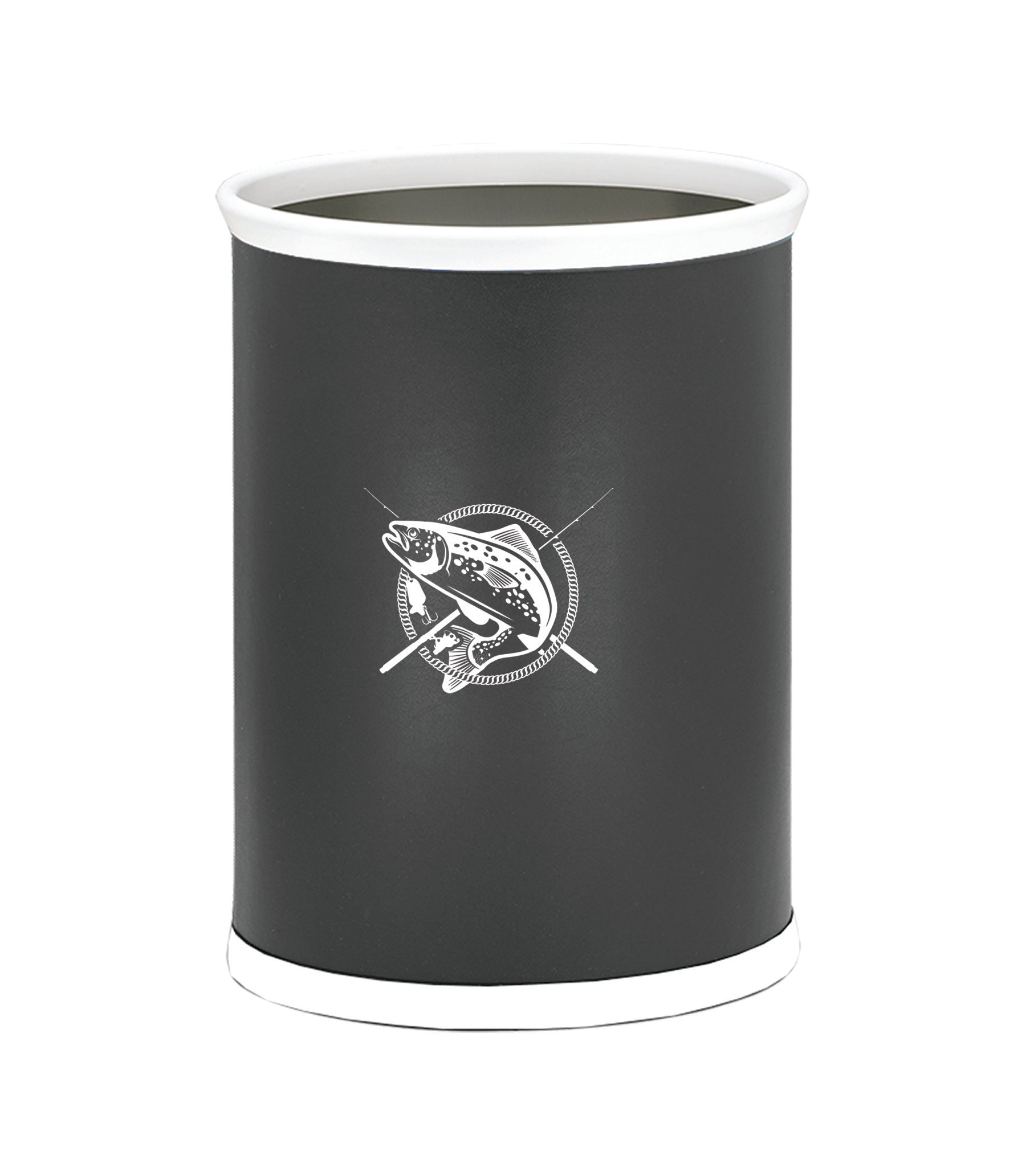 Black | cylindrical container with white fish decal in the center.