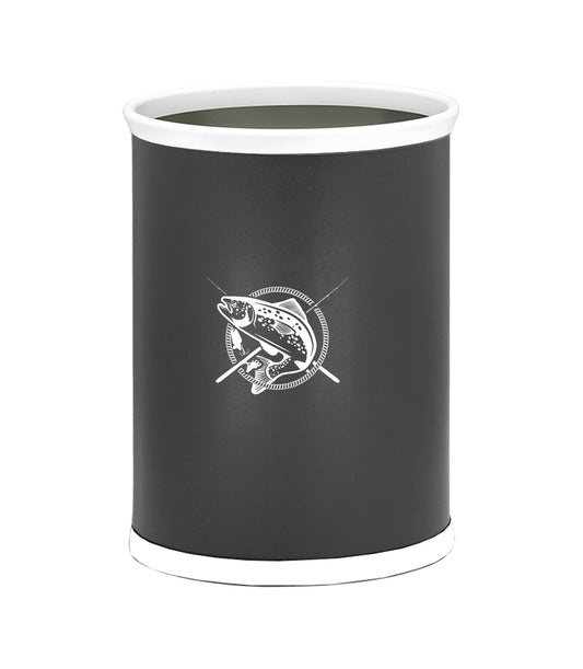 Black | cylindrical container with white fish decal in the center.
