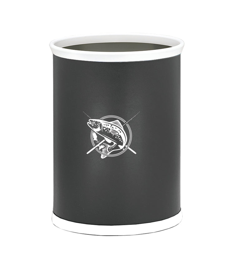 Black | cylindrical container with white fish decal in the center.