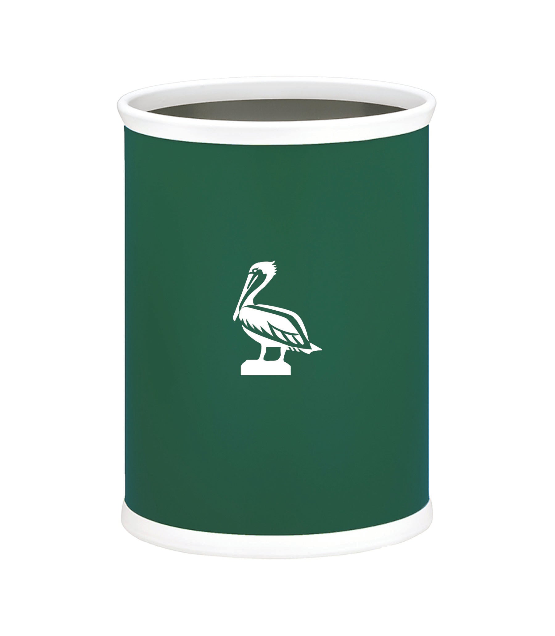 Tropic Green | Oval wastebasket featuring a smooth leatherette finish and white pelican design.