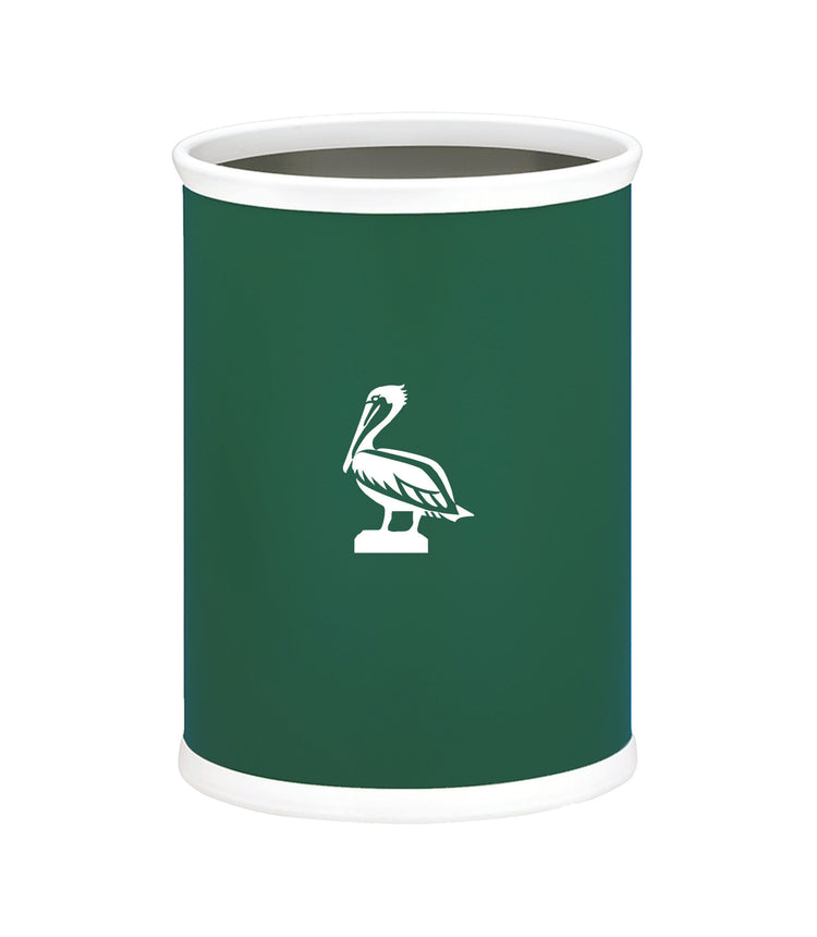 Tropic Green | Oval wastebasket featuring a smooth leatherette finish and white pelican design.