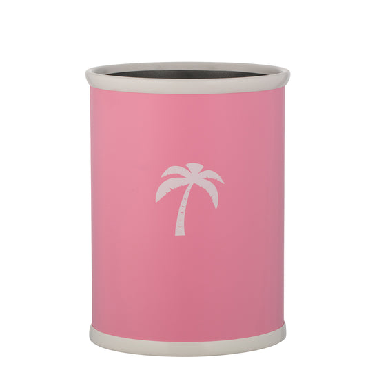 Pink | Oval wastebasket with smooth leatherette finish and white palm tree design.