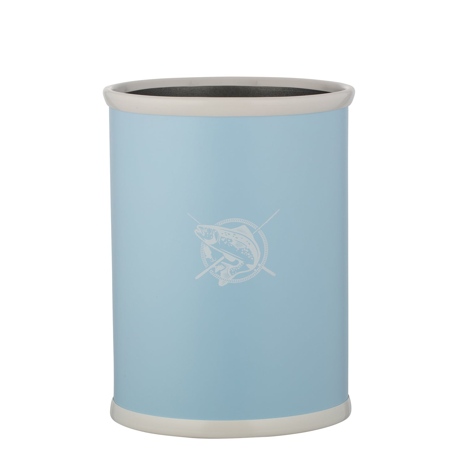 Light blue | cylindrical container with white rim and fish design on a white background.