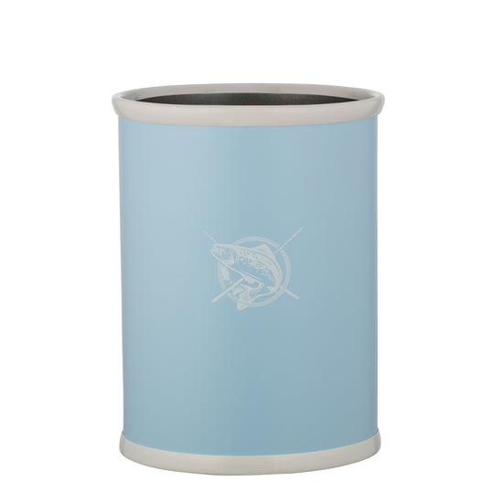 Light blue | cylindrical container with white rim and fish design on a white background.