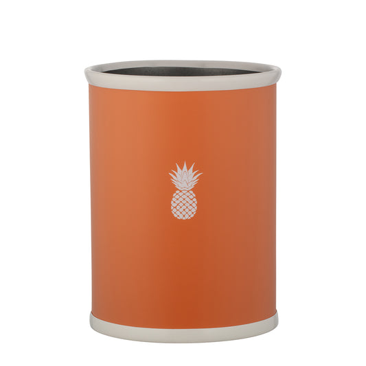 Spice Orange | Leatherette-wrapped 13qt oval wastebasket with a white pineapple decal in the center.